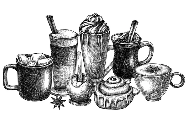 Векторна Колекція Скляного Посуду Гарячими Напоями Малюнки Ескізами Осінніх Напоїв — стоковий вектор
