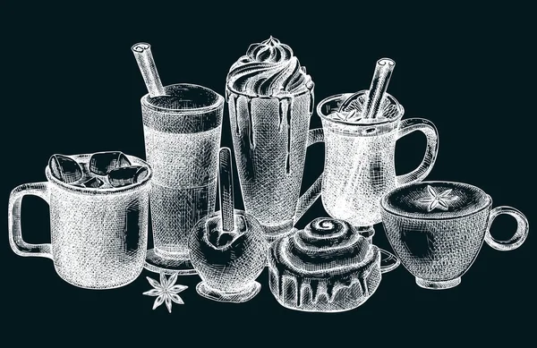 Vector Collection Glassware Hot Drinks Sketched Autumn Drinks Drawings Mulled — Vetor de Stock