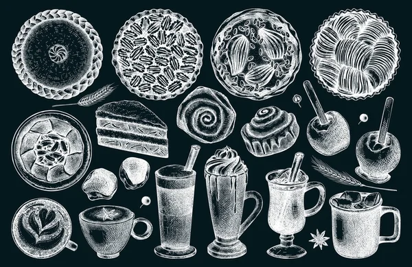 Autumn Dessert Collection Thanksgiving Dinner Illustrations Fall Festival Food Drinks — Image vectorielle