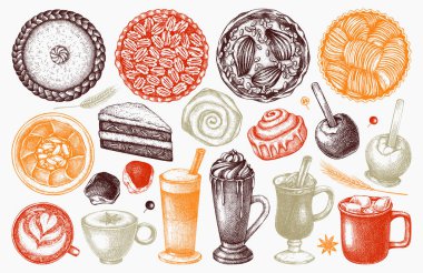 Autumn dessert collection. Thanksgiving dinner illustrations. Fall festival food  and drinks sketches. Sketched fall food drawings. Thanksgiving table hand drawn icons in color