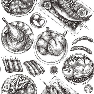 German food and drinks sketch background. Oktoberfest menu design. Hand-drawn beer seamless pattern. German cuisine backdrop. Vintage food sketched illustration