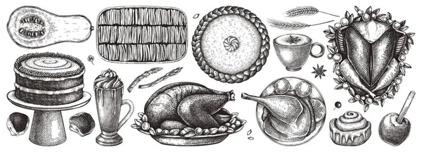 Thanksgiving Dinner Illustrations Traditional Fall Festival Food Roasted Turkey Cooked — 스톡 벡터