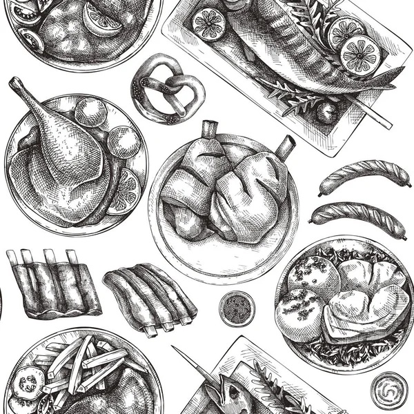 German Food Drinks Sketch Background Oktoberfest Menu Design Hand Drawn — Stockvektor