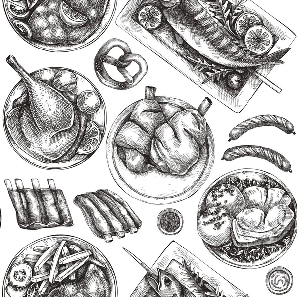 German food and drinks sketch background. Oktoberfest menu design. Hand-drawn beer seamless pattern. German cuisine backdrop. Vintage food sketched illustration