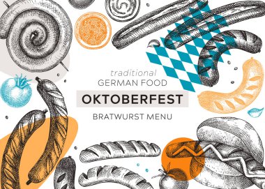 Grilled sausage frame in collage style. Hand-drawn fast food illustration. Barbeque party sketched banner. German food sketches. Oktoberfest background. For picnic, delivery, bar or restaurant design