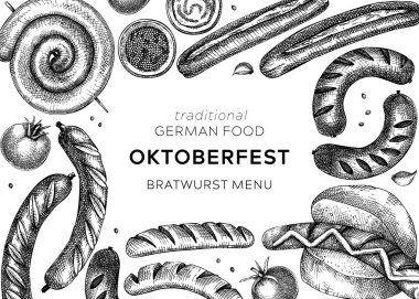 Grilled sausage frame. Hand-drawn fast food illustration. Barbeque party sketched banner. Black and white German food sketches. Oktoberfest background. For picnic, delivery, bar or restaurant design