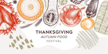 Thanksgiving dinner collage. Fall food and drinks trendy frame design. Sketched roasted turkey, cooked vegetables, baked goods, desserts sketches. Vintage autumn food template. Thanksgiving background