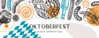 Oktoberfest background in collage style. Grilled sausage frame. Hand-drawn fast food illustration. Barbeque party sketched banner. German food and beer trendy design for German beer festival menu
