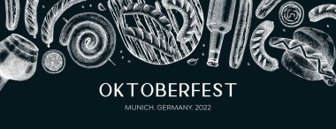 Grilled sausage and beer banner on chalkboard. Hand-drawn fast food illustration. Barbeque party sketched banner. German food and beer sketches. Oktoberfest background. For picnic or menu design