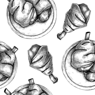 Ham hock seamless patter. German food sketch. Oktoberfest background. Hand drawn fast food illustration for Octoberfest. Traditional German meat dishes backdrop. Pork knuckle in engraved style