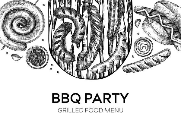 Grilled Sausage Banner Hand Drawn Fast Food Illustration Barbeque Party — 图库矢量图片