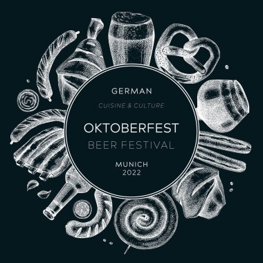 Oktoberfest background. German food and drinks menu design on chalkboard. Meat dishes sketches. German cuisine vintage wreath. Traditional beer festival sketched illustration. Oktoberfest party frame
