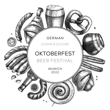 Oktoberfest background. German food and drinks menu design. Meat dishes sketches. German cuisine vintage wreath. Traditional beer festival sketched illustration. Oktoberfest party frame