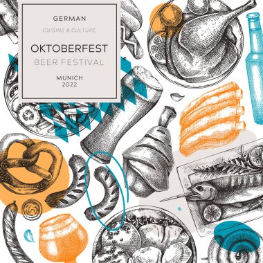 Oktoberfest square flyer template. German food and drinks menu design in collage style. Vector meat dishes sketches. German cuisine banner. Beer festival illustration. Oktoberfest background