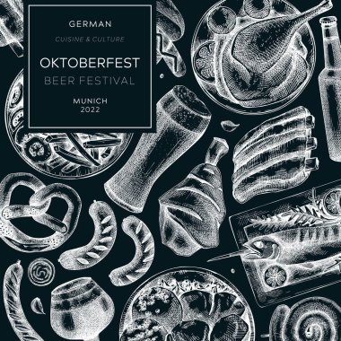 Oktoberfest square flyer template. German food and drinks menu design on chalkboard. Vector meat dishes sketches. German cuisine banner. Traditional beer festival illustration. Oktoberfest background