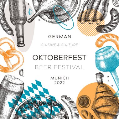 Oktoberfest background. German food and drinks menu design. Vector meat dishes sketches. German cuisine frame in collage style. Traditional beer festival illustration in sketched style. 