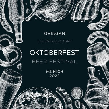 Oktoberfest background. German food and drinks menu design. Vector meat dishes sketches. German cuisine frame on chalkboard. Traditional beer festival illustration in sketched style. 