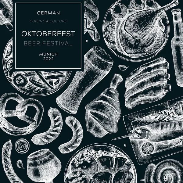 Oktoberfest Square Flyer Template German Food Drinks Menu Design Chalkboard — Vettoriale Stock