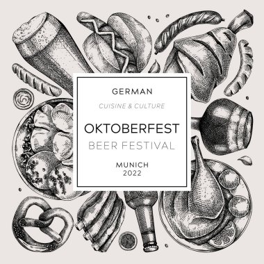 Oktoberfest wreath. German food and drinks menu design. Vector meat dishes sketches. German cuisine vintage frame. Oktoberfest party. Beer festival background in sketched style.