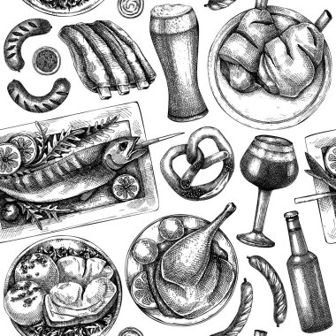 Oktoberfest background. German cuisine menu design. Pretzel, beer, roast pork, ham hocks, sausages, ribs, and grilled fish on table. Grilled meat dishes seamless pattern. Beer festival backdrop