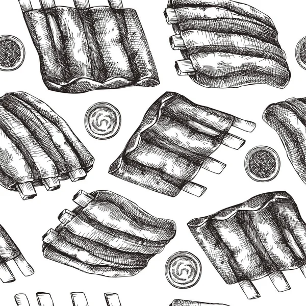 Pork Ribs Seamless Pattern Traditional German Food Sketch Oktoberfest Menu — 图库矢量图片