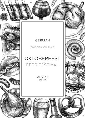 Oktoberfest background. German food and drinks menu. Vector meat dishes sketches. German cuisine frame. Beer festival black and white illustration in sketched style. Oktoberfest party design.