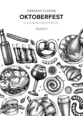 Oktoberfest background. German food and drinks menu. Vector meat dishes sketches. German cuisine frame. Beer festival black and white illustration in sketched style. Oktoberfest party design.