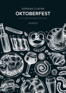 Oktoberfest background on chalkboard. German food and drinks menu design. Vector meat dishes sketches. German cuisine vintage wreath. Popular beer festival illustration in sketched style. 