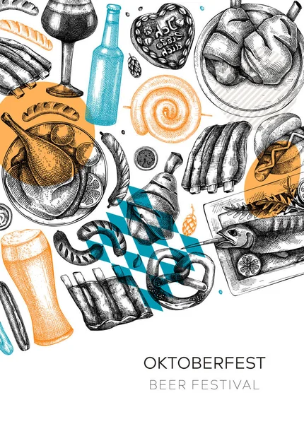 Oktoberfest Background Beer Festival Wreath Collage Style German Food Drinks — Vettoriale Stock
