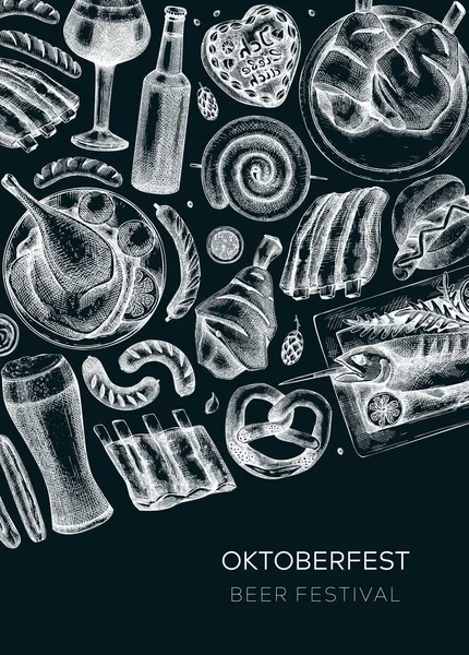Oktoberfest Background Chalkboard German Food Drinks Menu Design Vector Meat — Vettoriale Stock