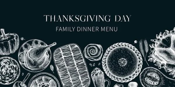 Thanksgiving Background Chalkboard Food Drinks Trendy Frame Design Sketched Roasted — Vetor de Stock