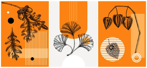 Collage Style Autumn Vector Illustration Sketched Leaves Dried Flowers Trendy — 图库矢量图片