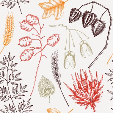 Autumn seamless pattern. Fall leaves background. Dried flowers sketches. Hand-drawn dried plant, fall leaves, mushrooms backdrop. For wrapping paper or fabrics
