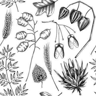 Autumn seamless pattern. Fall leaves background. Dried flowers sketches. Hand-drawn dried plant, fall leaves, mushrooms backdrop. For wrapping paper or fabrics