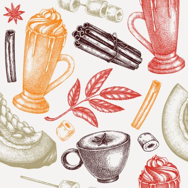 Morning coffee background. Sketched drink illustration. Pumpkin latte seamless pattern. Coffee with milk and spices sketch. Hot drink drawing isolated on white. Pumpkin latte backdrop