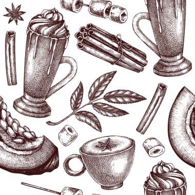 Morning coffee background. Sketched drink illustration. Pumpkin latte seamless pattern. Coffee with milk and spices sketch. Hot drink drawing isolated on white. Pumpkin latte backdrop