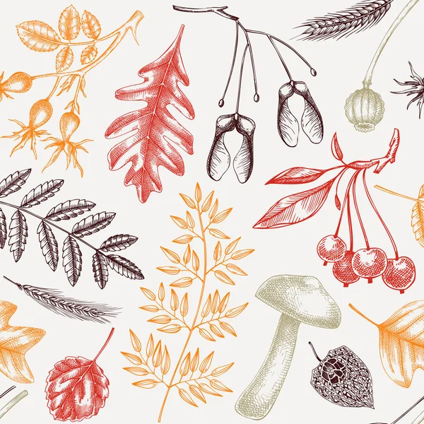 Autumn Seamless Pattern Fall Leaves Background Dried Flowers Sketches Hand — стоковый вектор