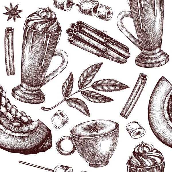Morning coffee background. Sketched drink illustration. Pumpkin latte seamless pattern. Coffee with milk and spices sketch. Hot drink drawing isolated on white. Pumpkin latte backdrop