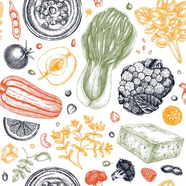 Vegan food seamless pattern. Healthy food illustrations. Hand-drawn vegan meals background for menu, recipe, packaging design. Vegan food, nuts, seeds, fruits, veggies, tofu sketches backdrop