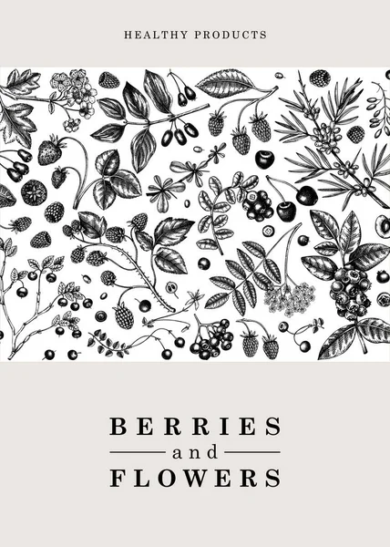 Wild Berries Card Invitation Sketched Style Hand Drawn Fruits Flowers - Stok Vektor