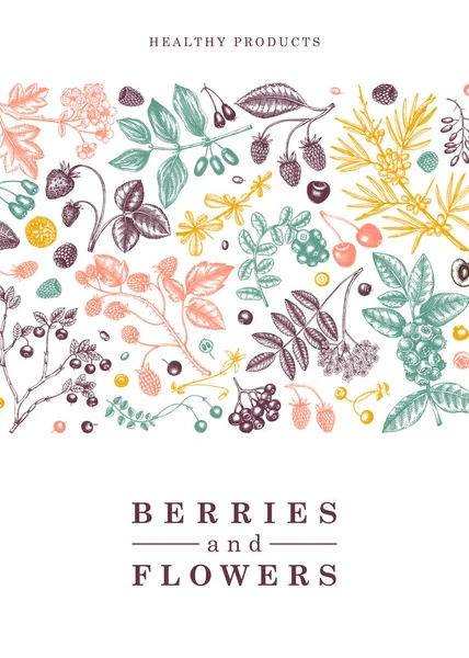 Wild Berries Card Invitation Engraved Style Hand Drawn Fruits Flowers - Stok Vektor