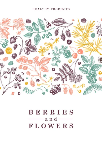 Wild Berries Card Invitation Engraved Style Hand Drawn Fruits Flowers — Stockvector