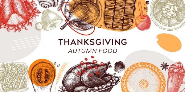 Thanksgiving Dinner Collage Fall Food Drinks Trendy Frame Design Vintage — Vector de stock