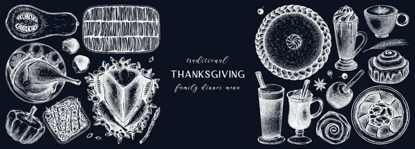 Thanksgiving food and drinks drawings on chalkboard. Vintage turkey, vegetables, pies, and hot drinks sketches. Vector autumn food template. Thanksgiving background in engraved style