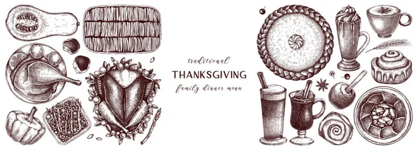 Thanksgiving Dinner Banner Fall Food Drinks Trendy Frame Design Vintage — Διανυσματικό Αρχείο
