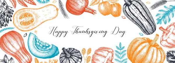 Thanksgiving Background Pumpkins Sketches Color Autumn Plants Fruit Drawings Vector — Vetor de Stock