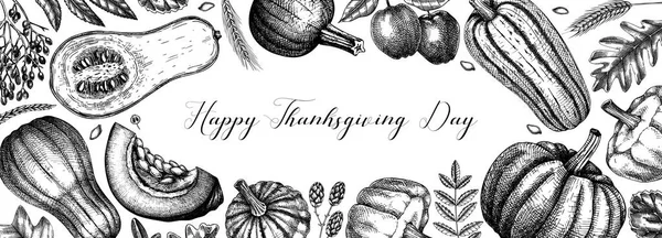 Thanksgiving Background Pumpkins Black White Sketches Autumn Plants Fruit Drawings — Vettoriale Stock