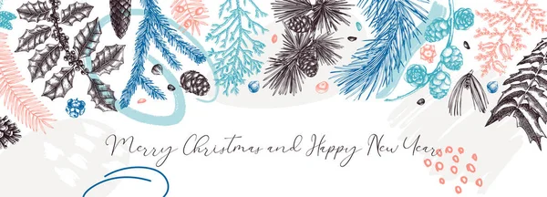 Merry Christmas Background Collage Style Banner Winter Trees Evergreen Plants — ストックベクタ