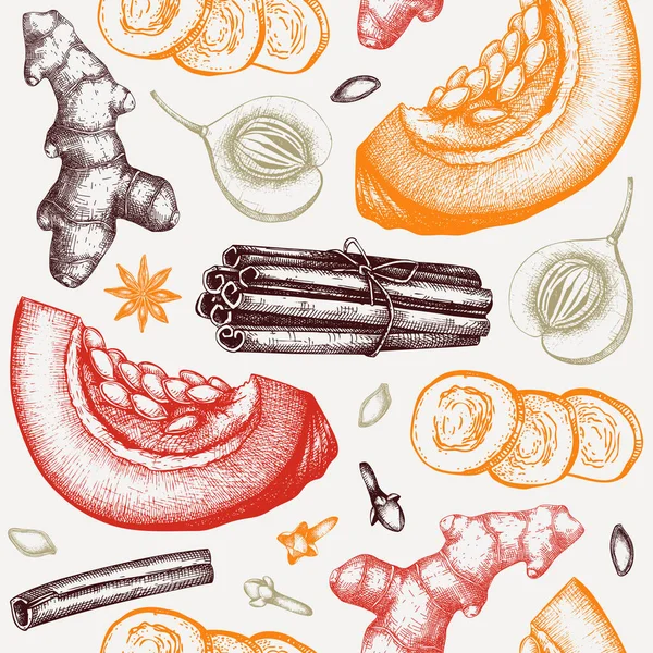 Autumn Background Pumpkin Spices Sketches Pumpkin Cake Ingredients Seamless Pattern — Διανυσματικό Αρχείο