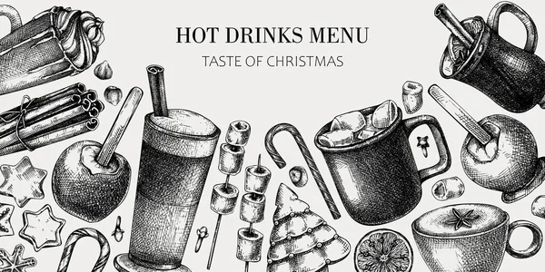 Hot Drinks Menu Design Mulled Wine Coffee Hot Chocolate Cocoa — Stockvector